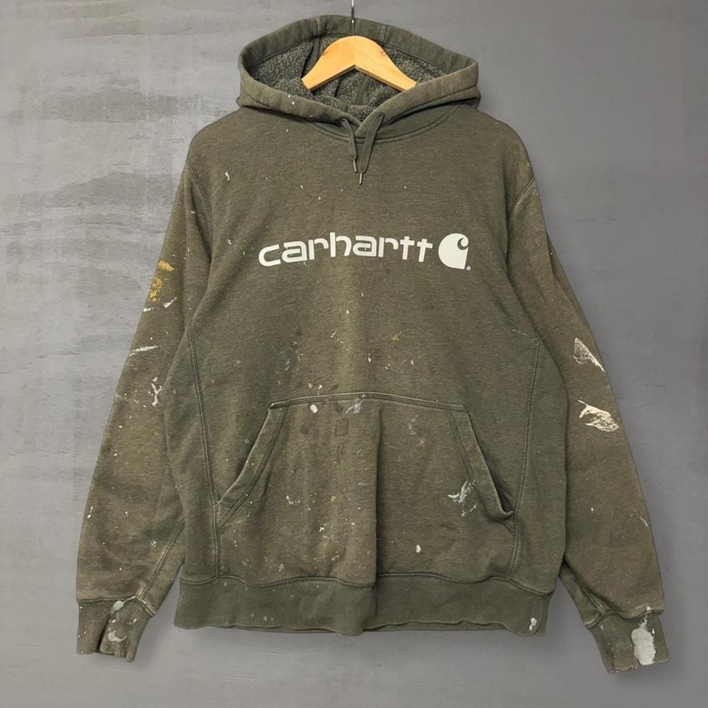 Carhartt Hoodie Olive Green Paint Splatter Distressed Relaxed Fit Large